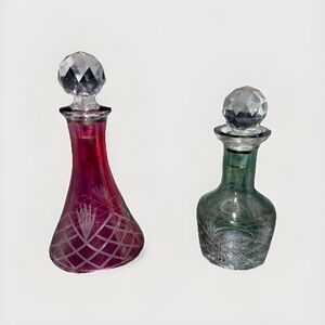 Vintage Bohemian Perfume Bottles  Cut to Clear Crystal Hand Cut  Set of 2